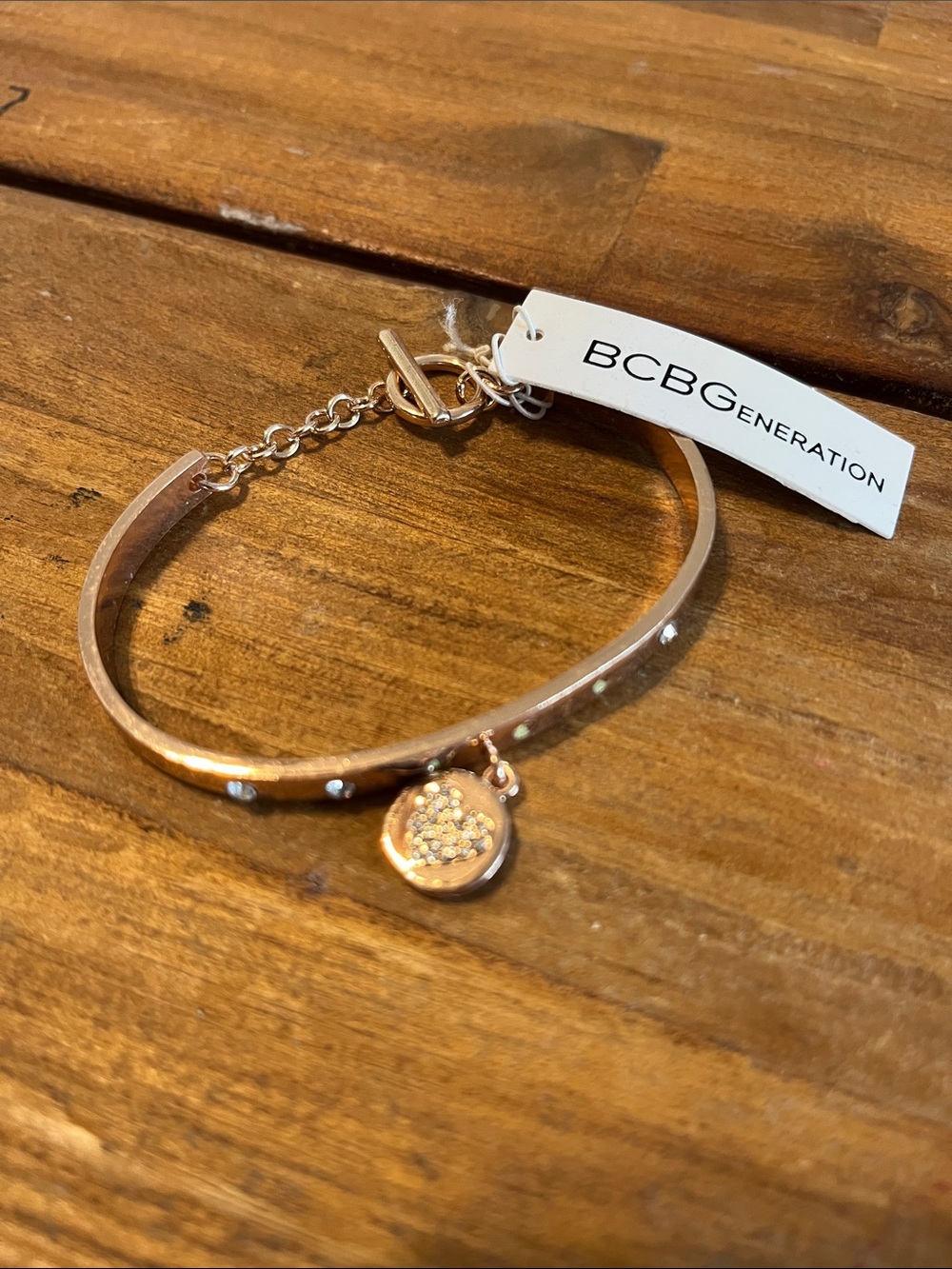 BCBGeneration Rose Gold Pavé Heart Charm Bangle Bracelet